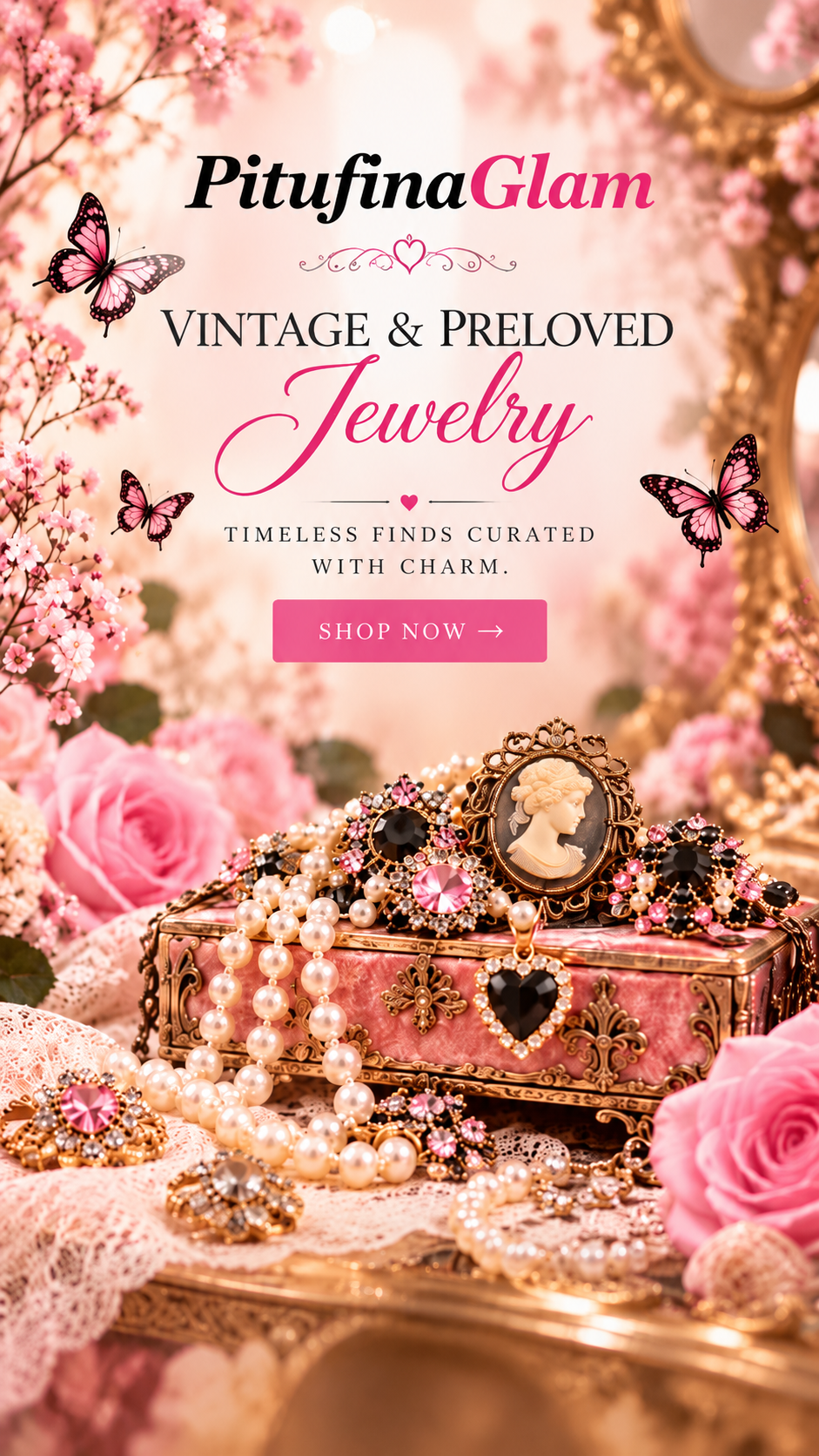 PitufinaGlam vintage and preloved jewelry, butterflies, pink roses and jewelry treasure chest